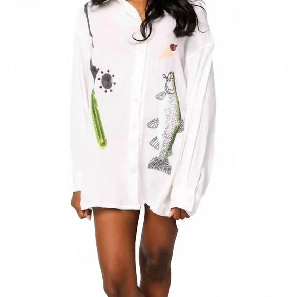 NWOT QUEEN OF SPARKLES The Angler White Fish Print Button Down Shirt 2XL - Picture 3 of 8